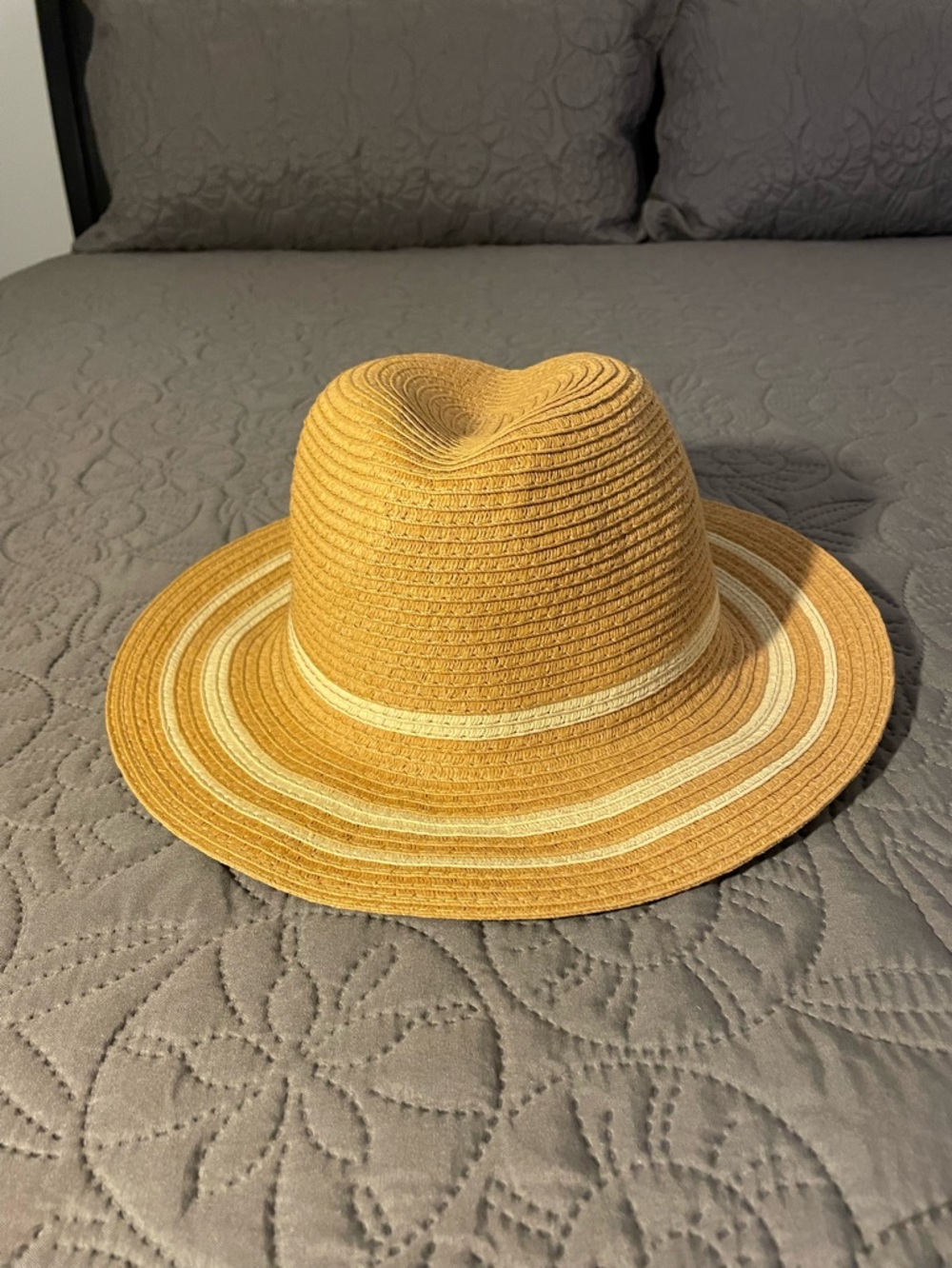 Time and Tru Tan Straw Fedora with Cream Stripes